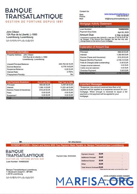 Realistic Luxembourg Banque Transatlantique Luxembourg mortgage statement Word and PDF template